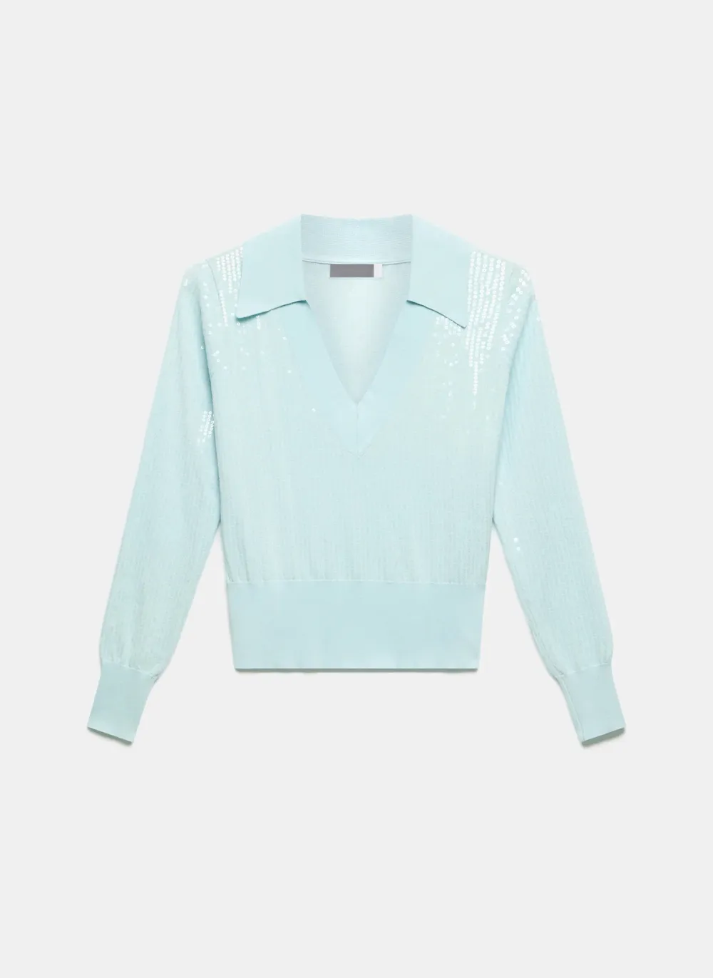 Casual Style Blue Sequin Knit Polo Top