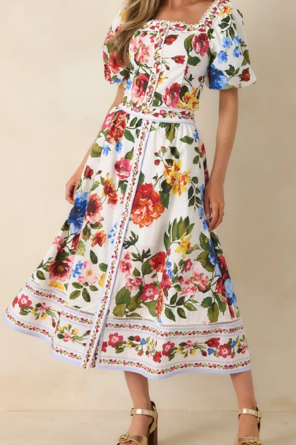 Garden Multi Floral Cotton Midi Skirt
