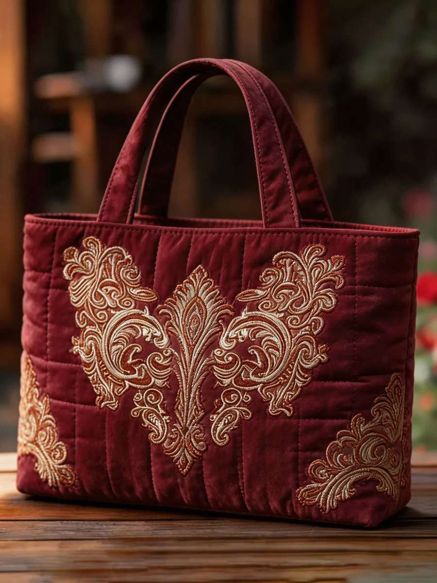 Women's Quilted Burgundy Paisley Embroidered Tote Bag