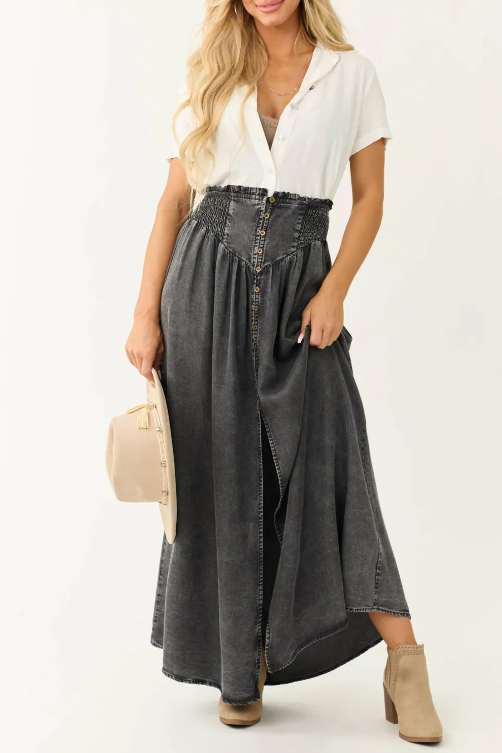 Graphite Acid Washed Denim Smocked Maxi Skirt