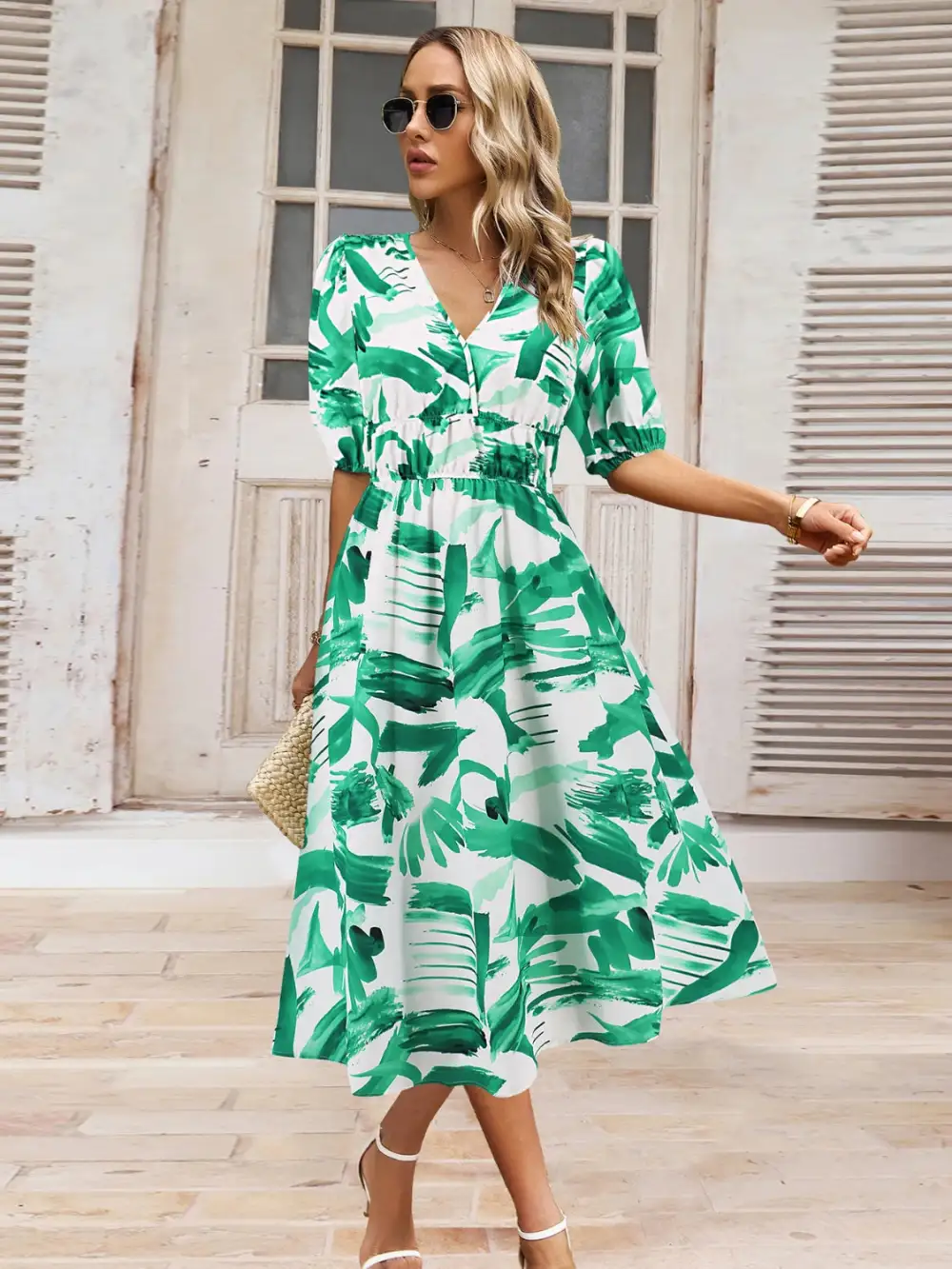 Boho Chic  Ruched Printed Surplice Short Sleeve Dress