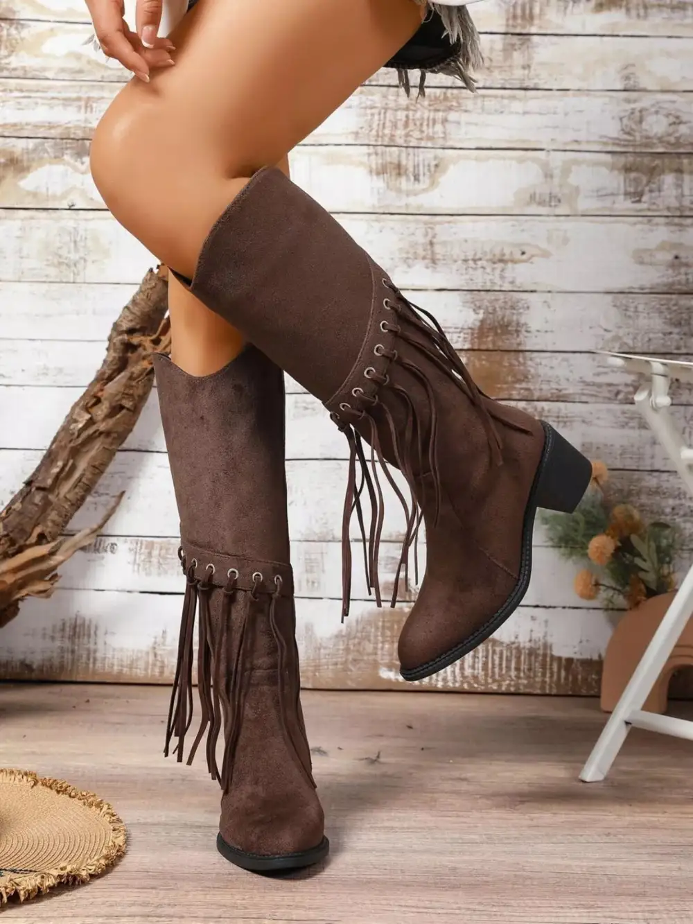 Textured Fringe Point Toe Block Heels Boots