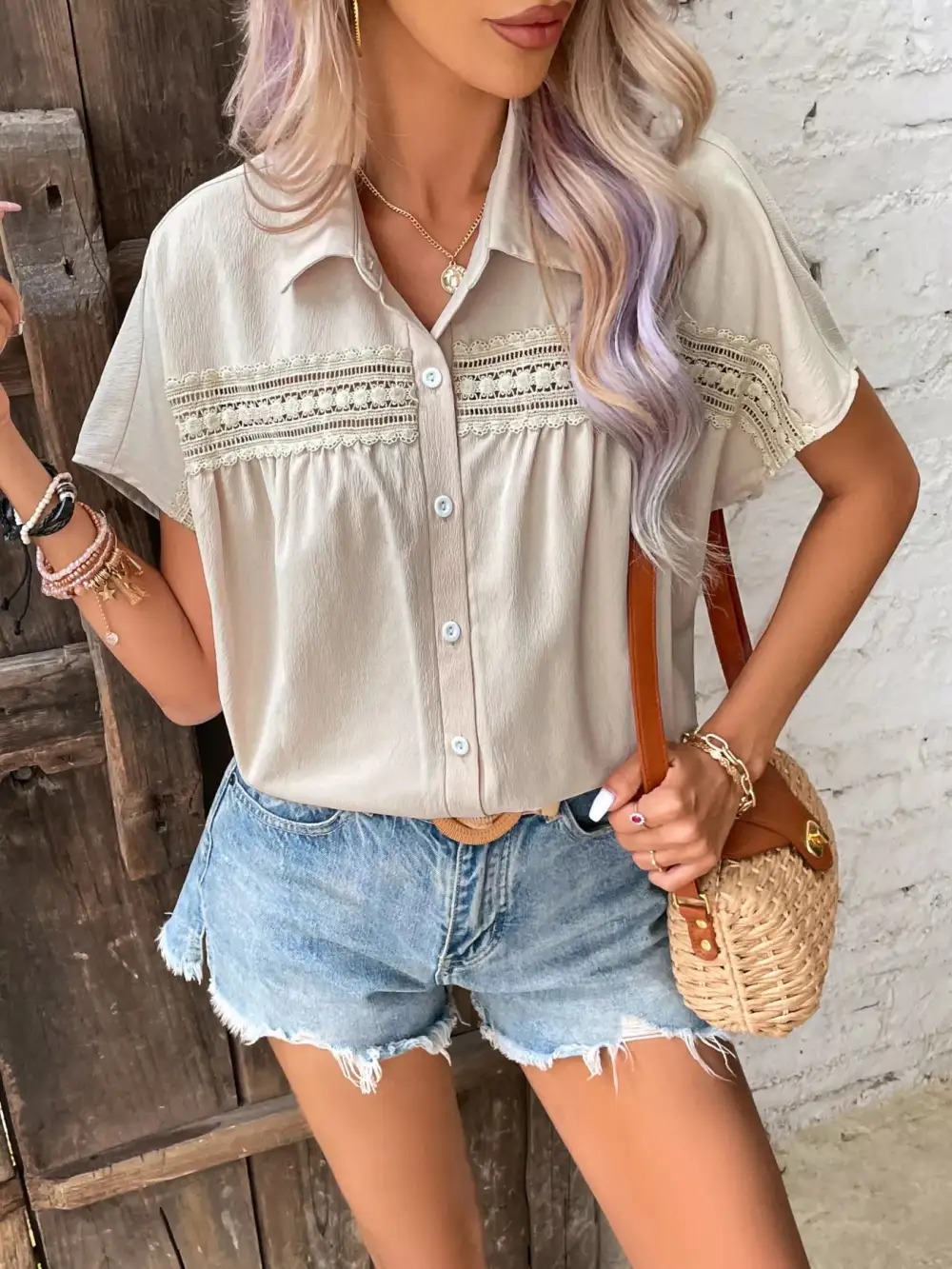 Lace Trim Button Up Shirt