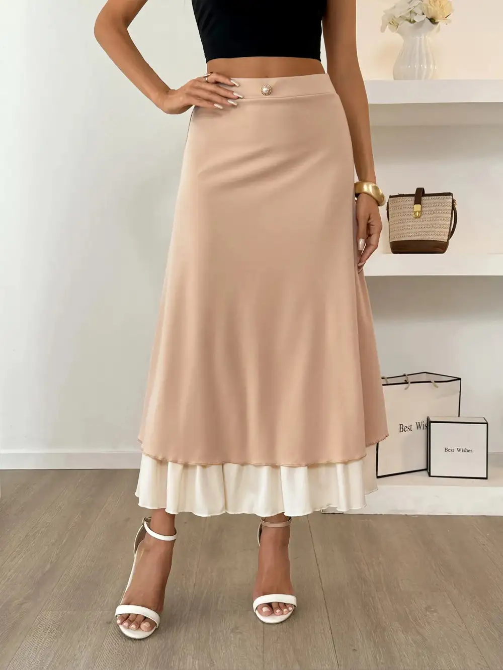 Layered Contrast Midi Skirt