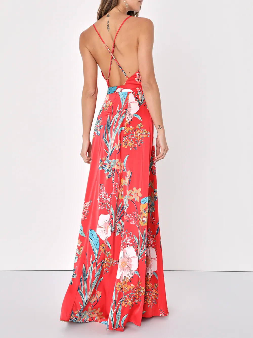 Red Floral Print Satin Maxi Dress
