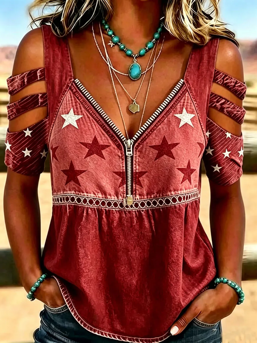 Female Casual Hollowed Out Patriotic T-Shirt