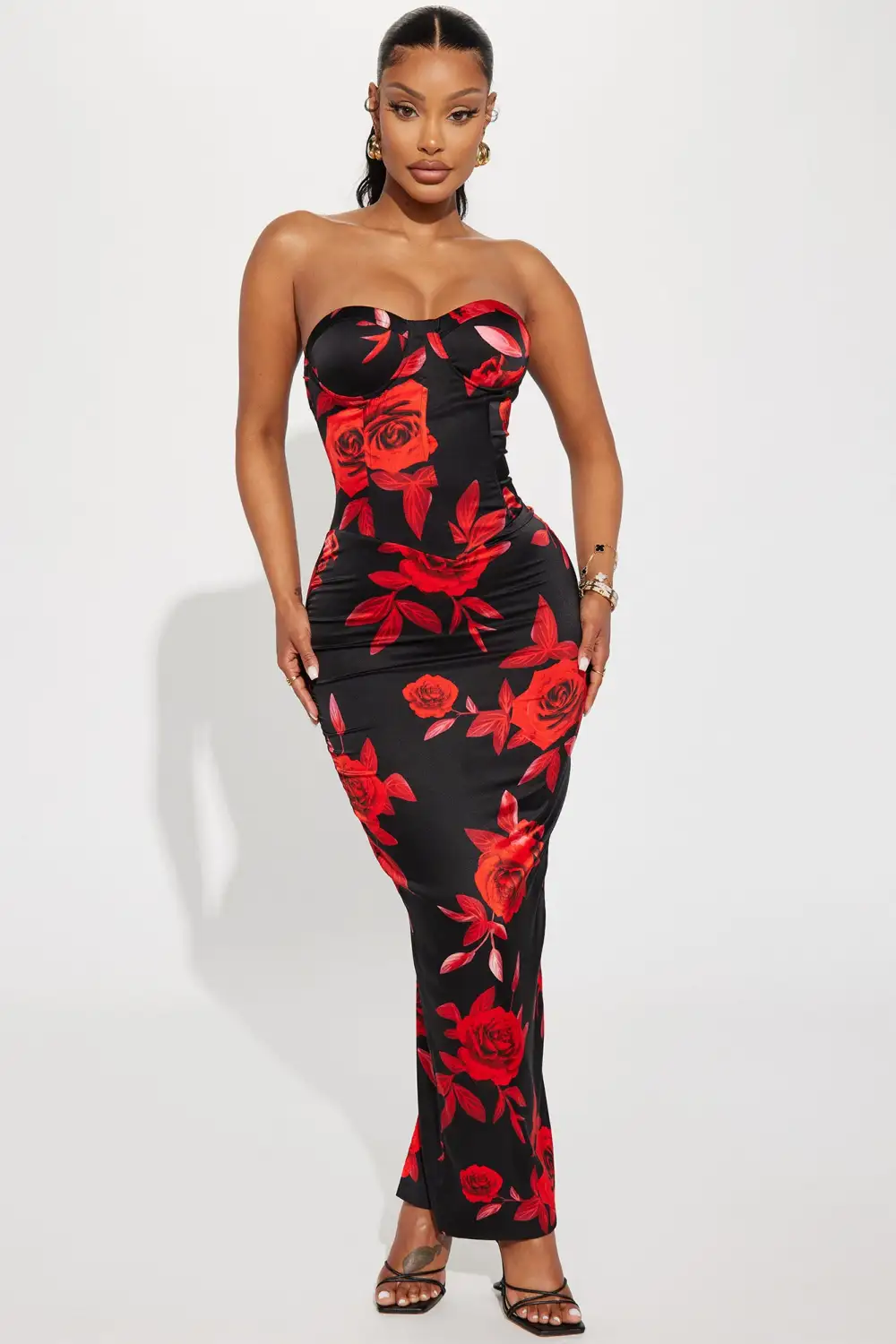 Rosie Satin Maxi Dress - Red/combo