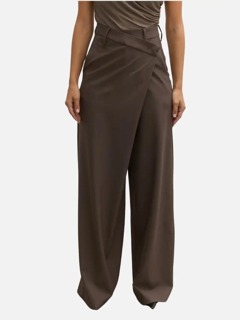 Asymmetric Wide-Leg Pants - Brown