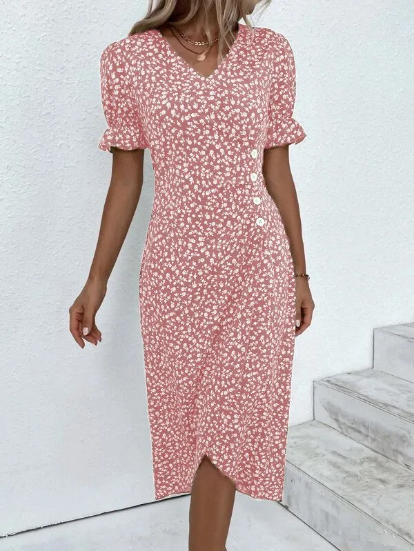 Women Vacation Floral Print V Neck Button Dress