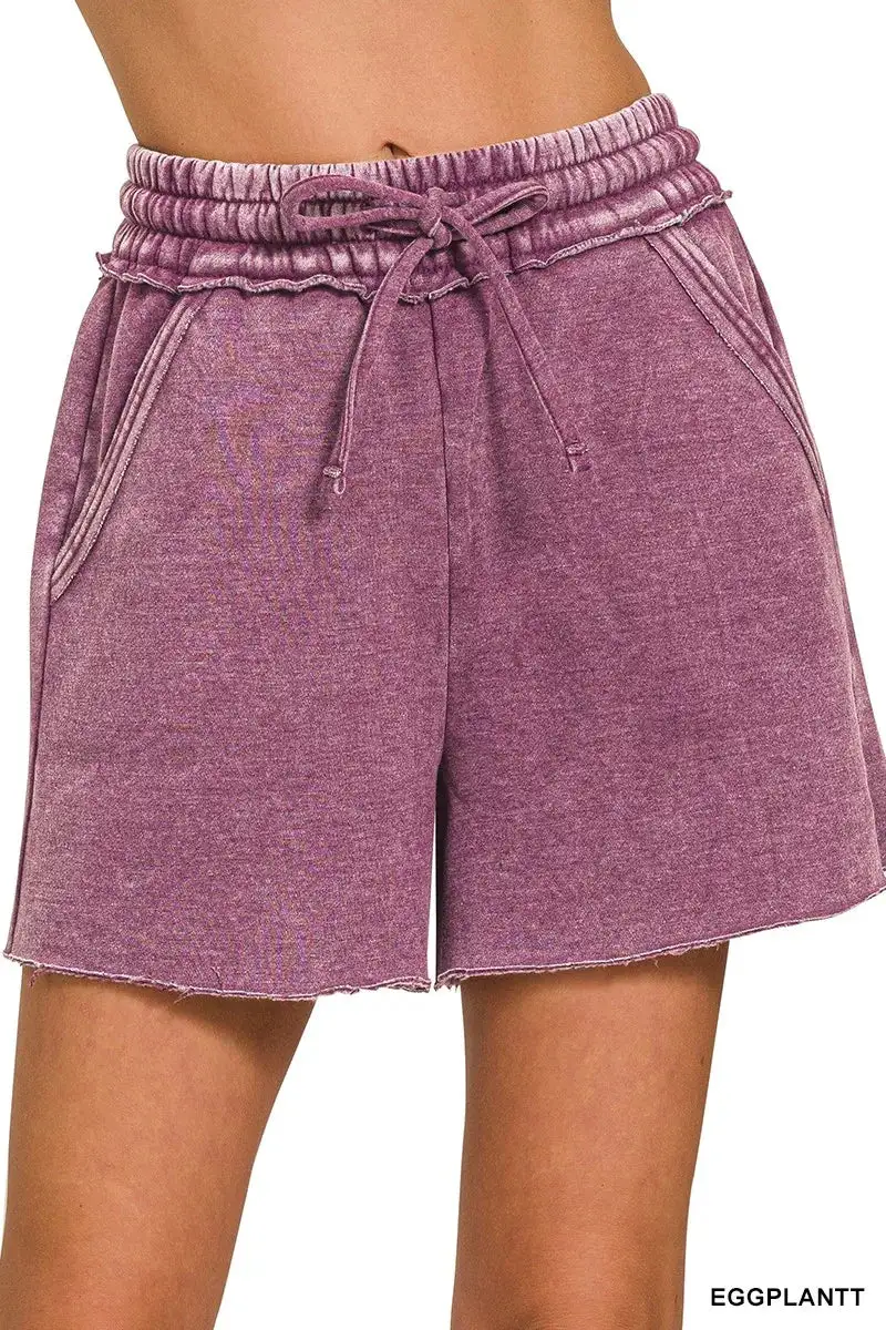Casual Acid Wash Fleece Drawstring Shorts with Pockets