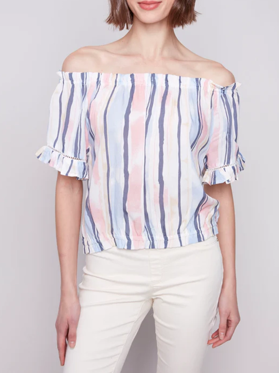 Striped High-End Off-Shoulder Short Sleeves