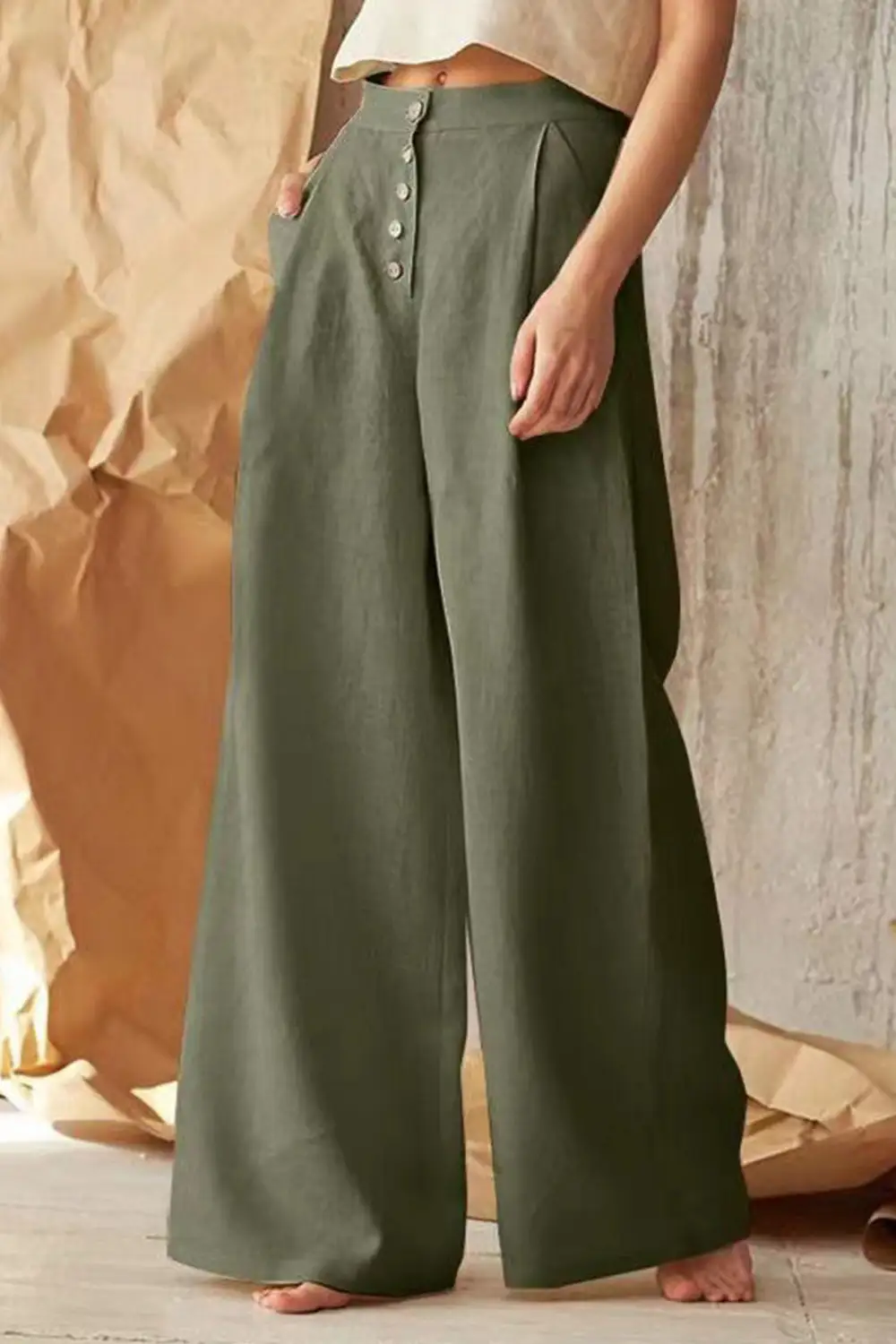 Button Front Wide Leg Pants