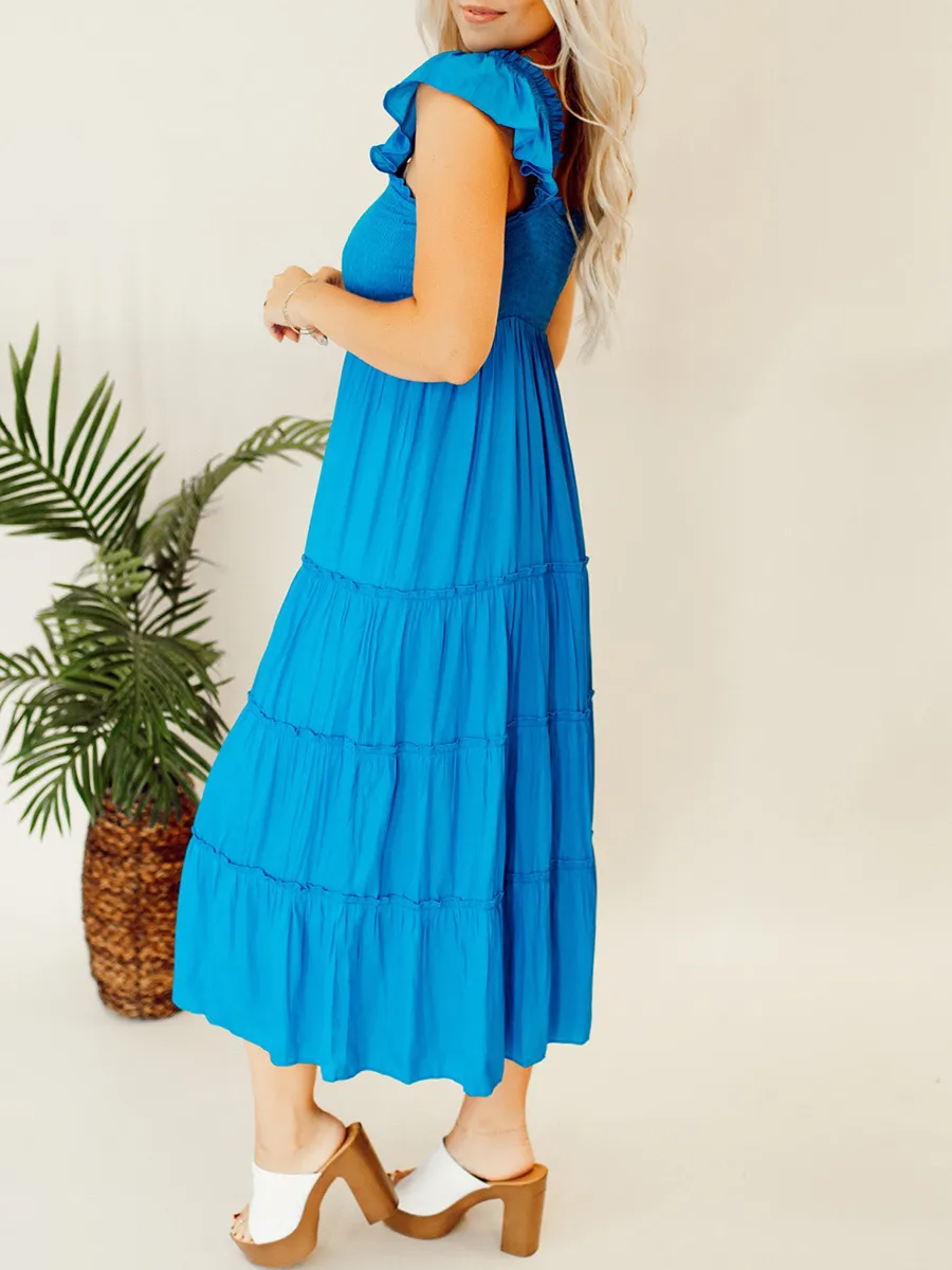 Blue pleated ruffled mid length dress