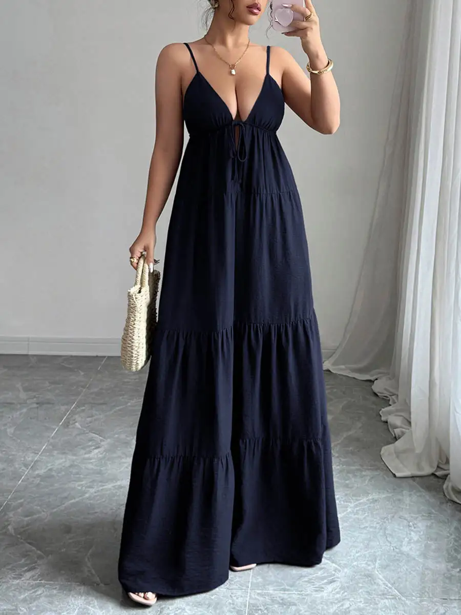 Backless Pleated Sleeveless Neck Maxi Dress
