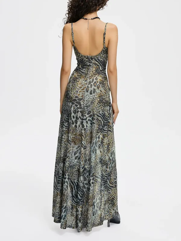 Slim V Neck Leopard Sleeveless Maxi Dress