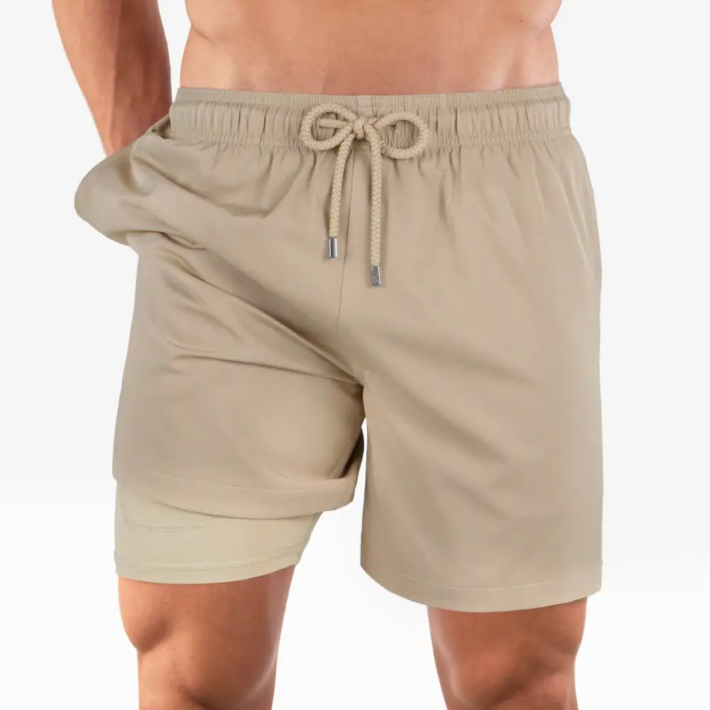 Beige Mid-Length Hybrid Short