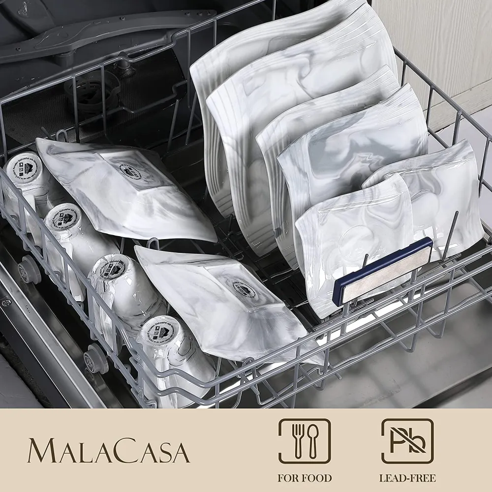 MALACASA Dish Set for 12, 60 Piece Marble Grey Square Dinnerware Sets, Porcelain Dinner Set with Plates and Bowls Sets, Cups and Saucers, Dishware Sets Kitchen Dishes Microwave Safe, Series Blance