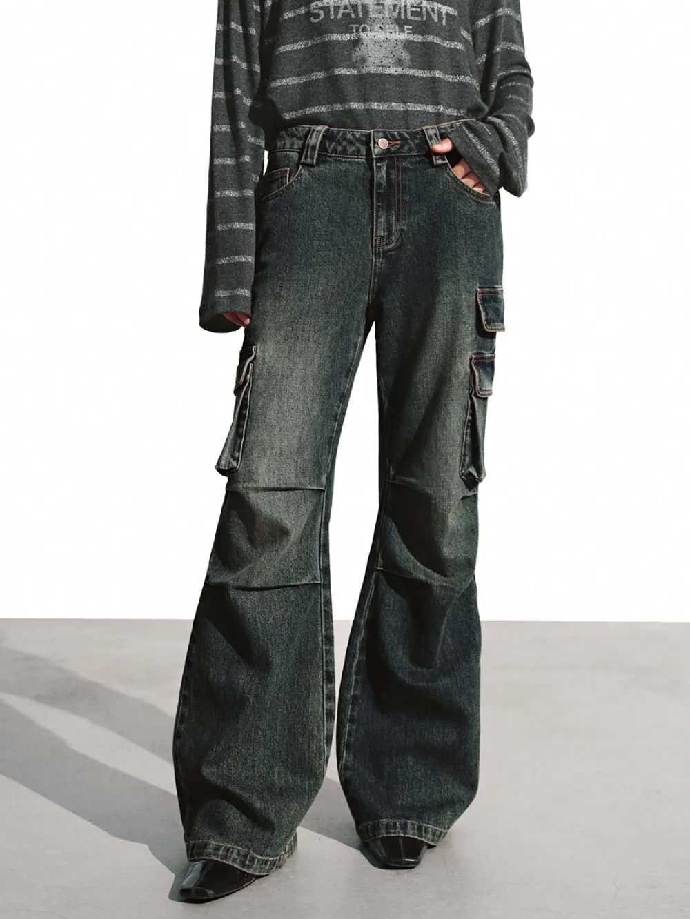 Ladies' Blue Layered Retro Denim Flared Trousers