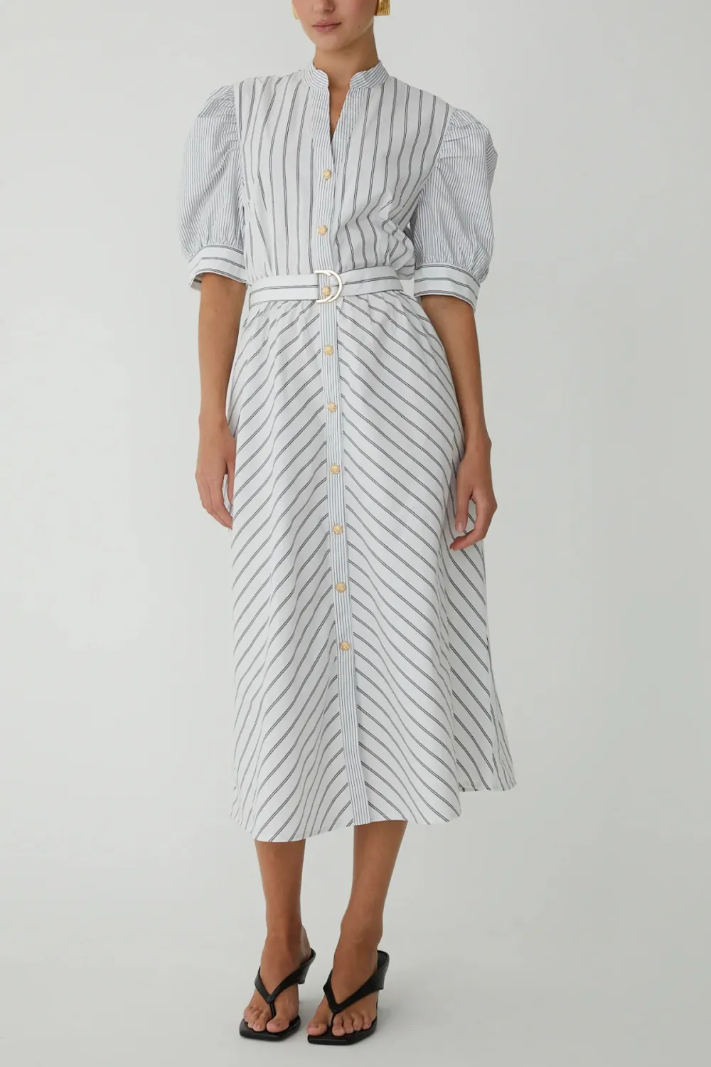 Striped Puff Sleeve Midi Dress