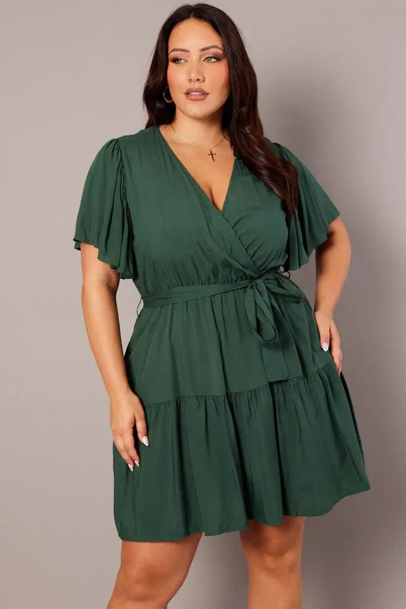 Green Wrapover Mini Dress Flare Sleeve Tie Waist