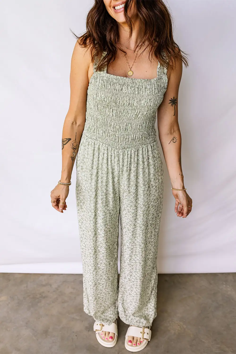 Smocked Bodice Square Neck Sleeveless Floral Jumpsuit