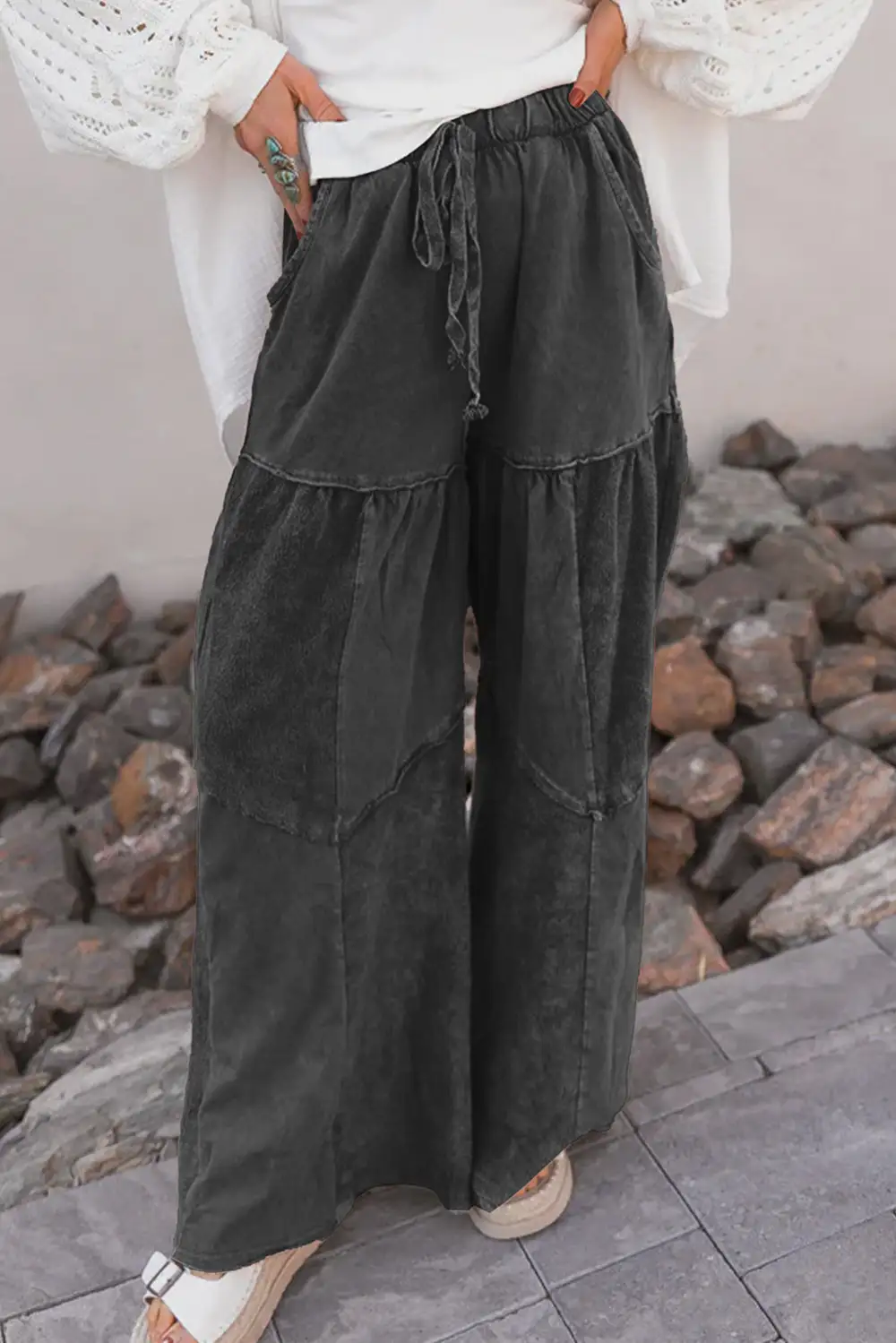 Wash Tiered Wide Leg Patchwork Drawstring Pants