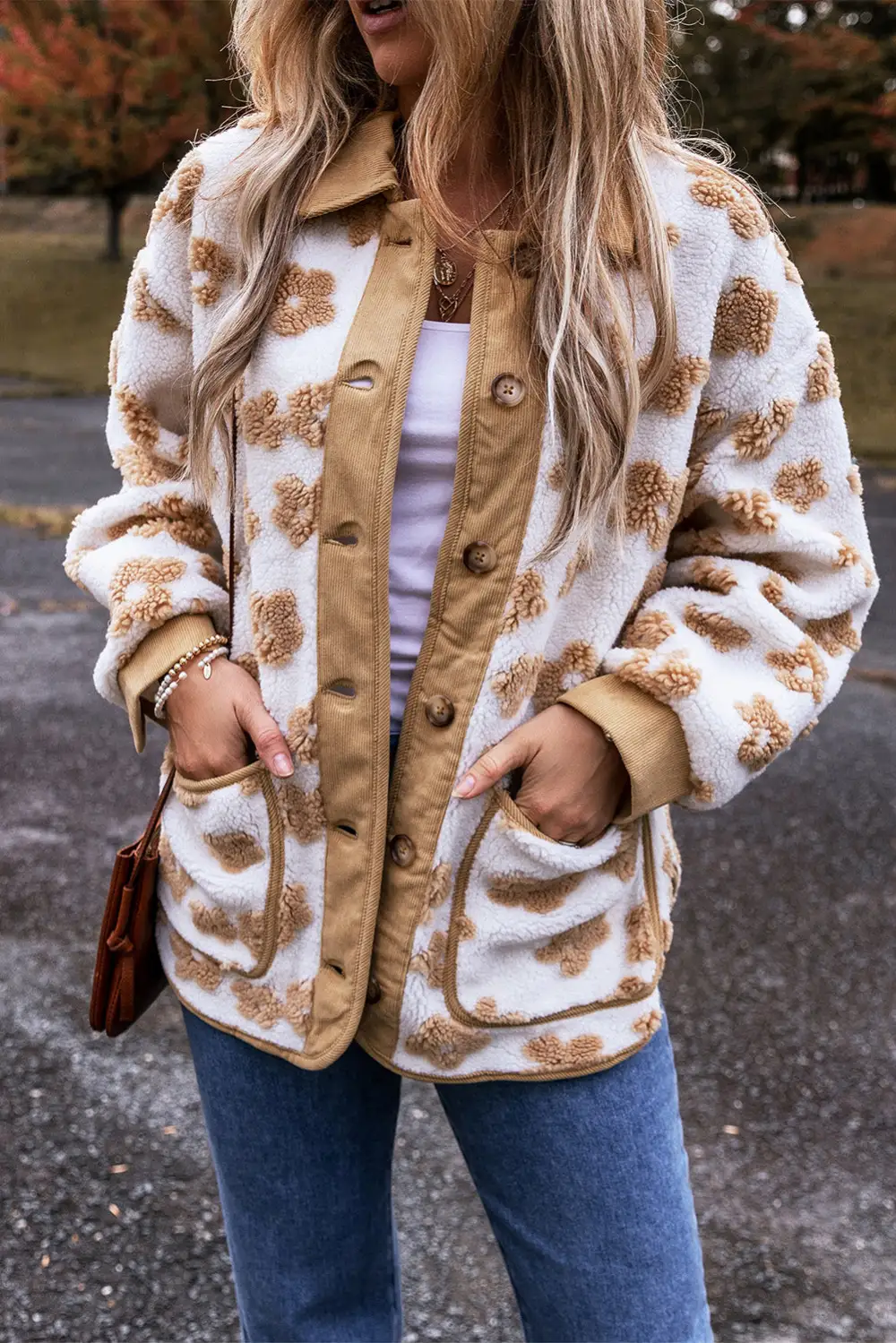 French Cute Flower Pattern Button-Up Fleece Jacket