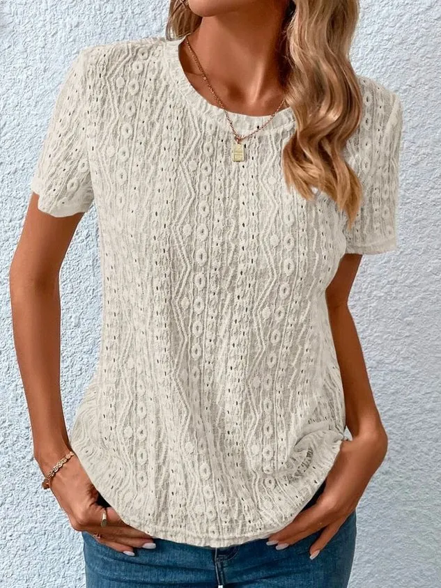 Loose Casual Crew Neck Solid Eyelet Embroidery Round Neck Tee