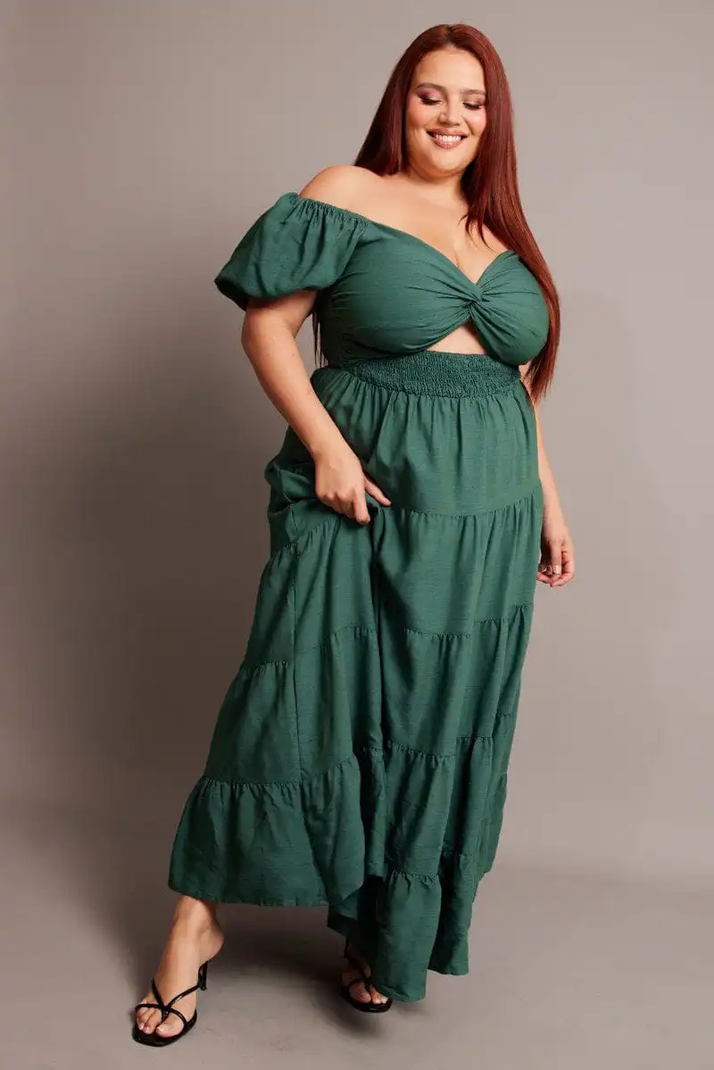 Green Maxi Dress Short Sleeve Twist Front