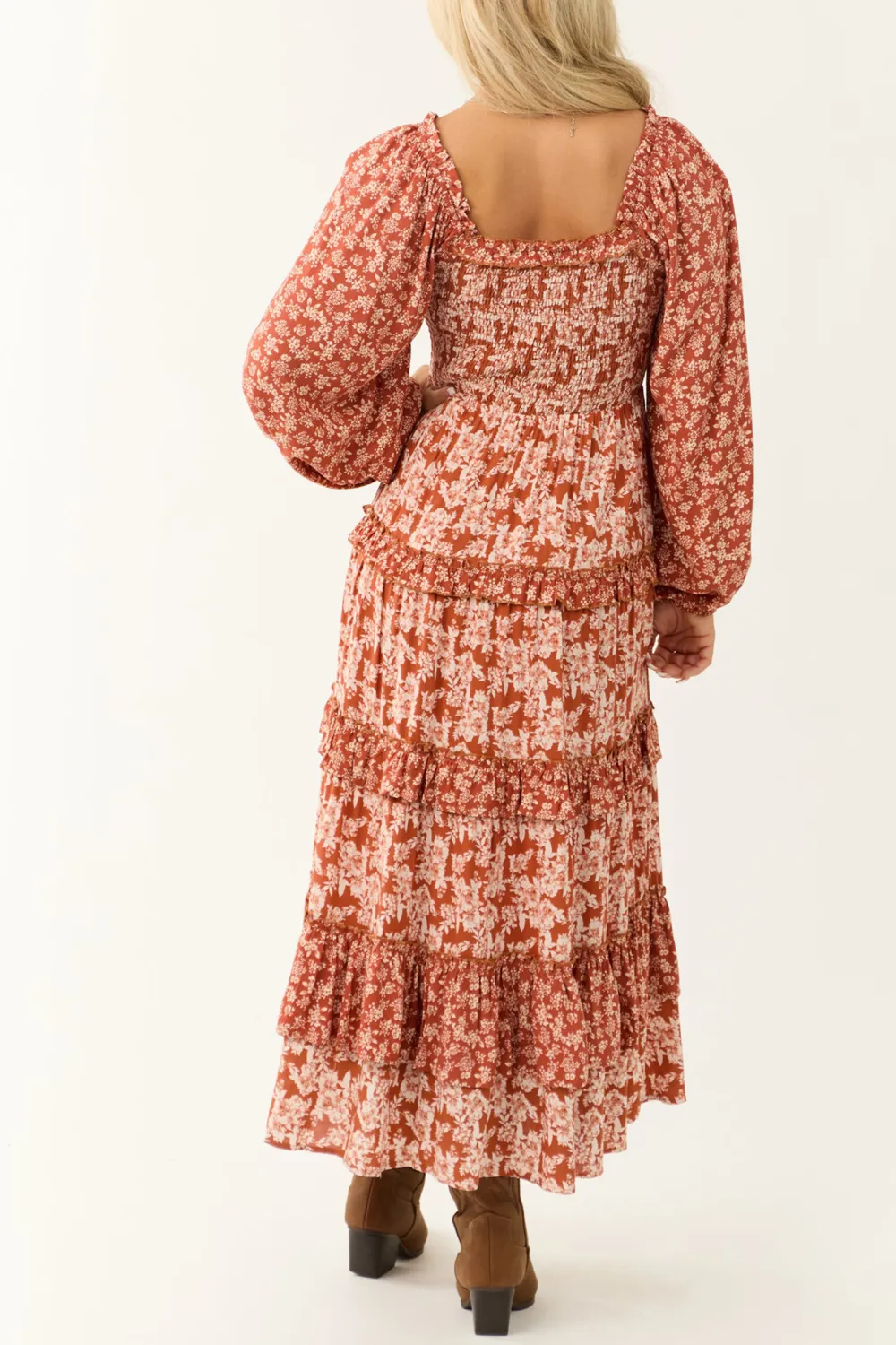 Rust Floral Print Tiered Ruffle Maxi Dress