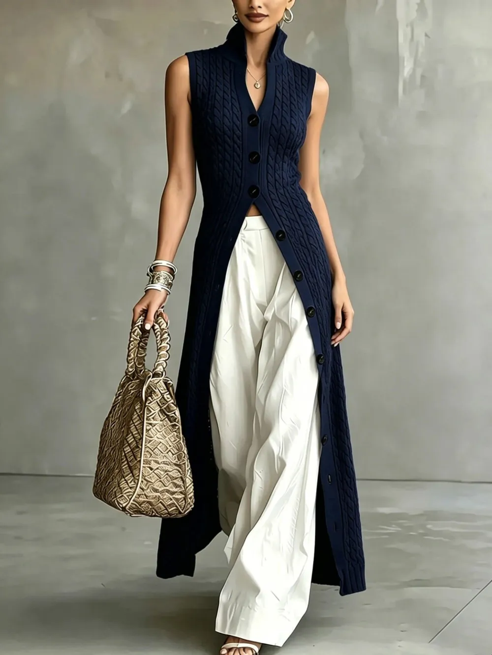 V-Neck Split Midi Slip Dress