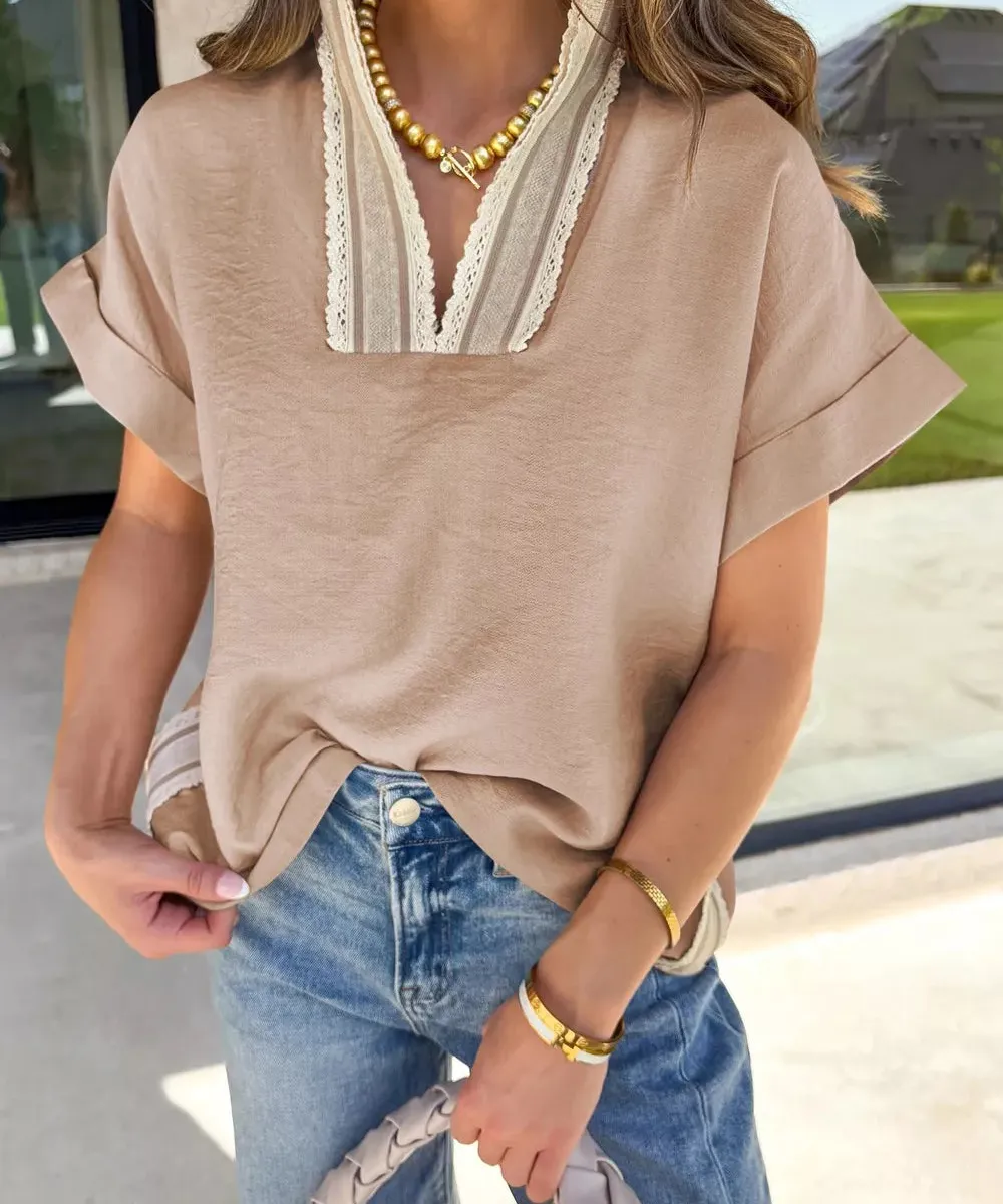 Crochet Lace Accent Pullover Rolled Short Sleeve