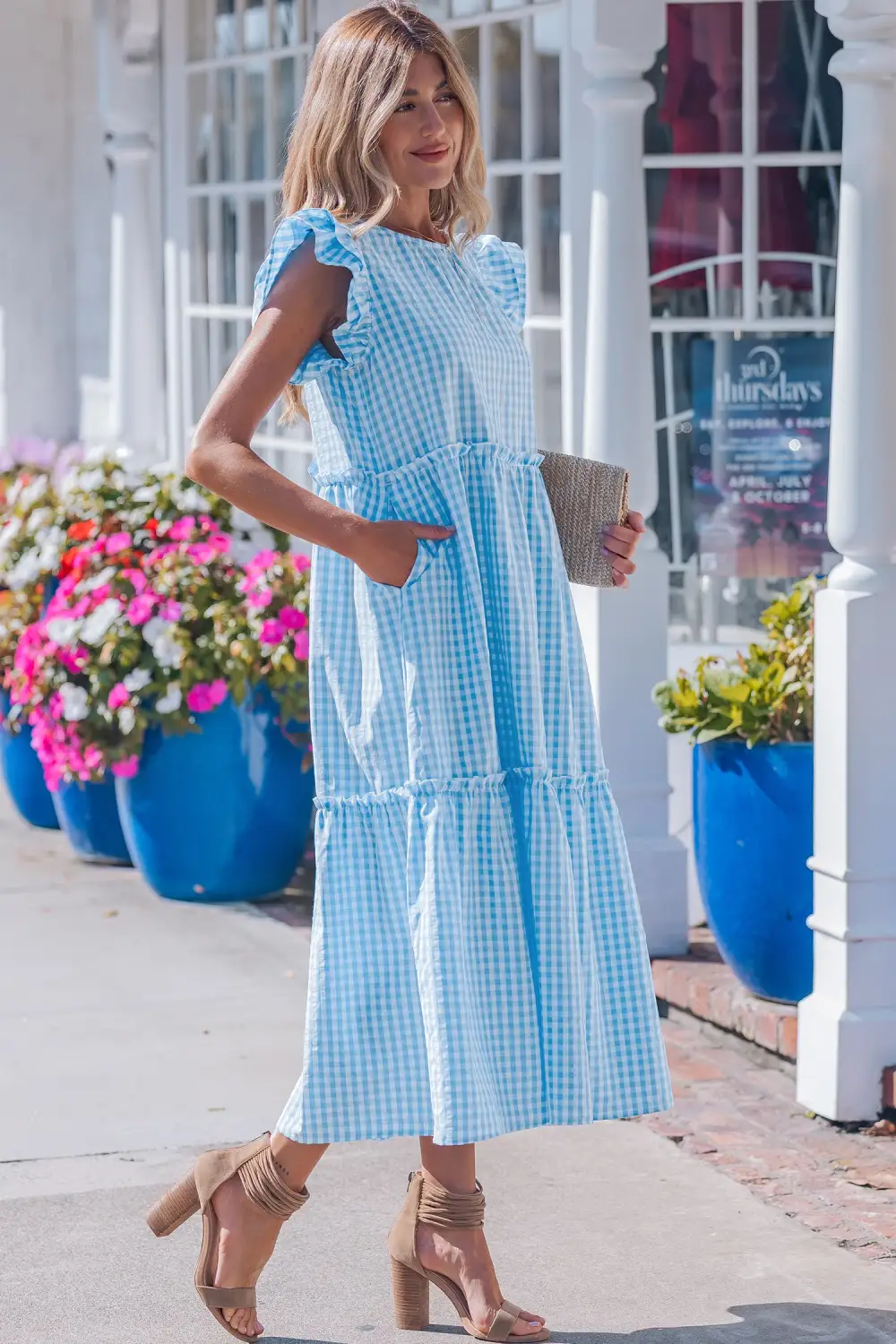 Structured Shape Plaid Ruffle Short Sleeve Maxi Dress