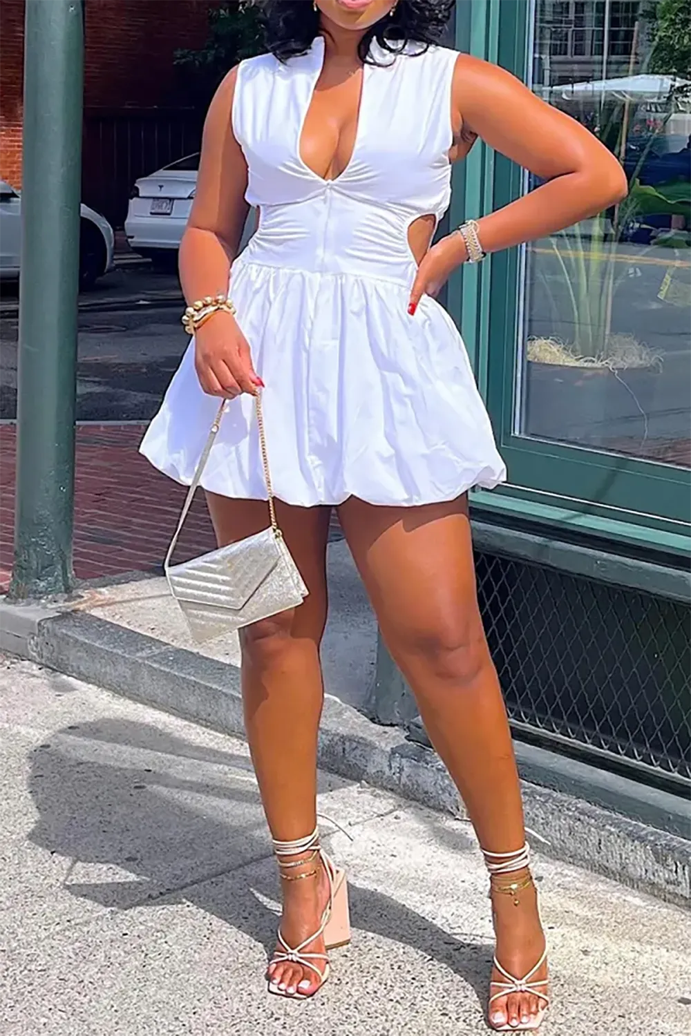 Plus Size White Daily Solid V Neck Cut Out Babydoll Mini Dresses