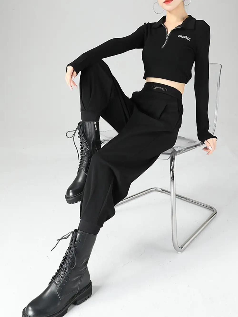 High Waisted Buckle Detail Tapered Pants