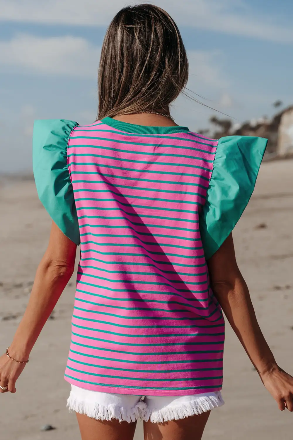 Everyday Striped Ruffled Crew Neck Blouse