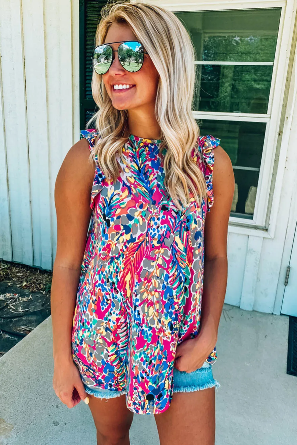 Floral Print Tank Top With Ruffles
