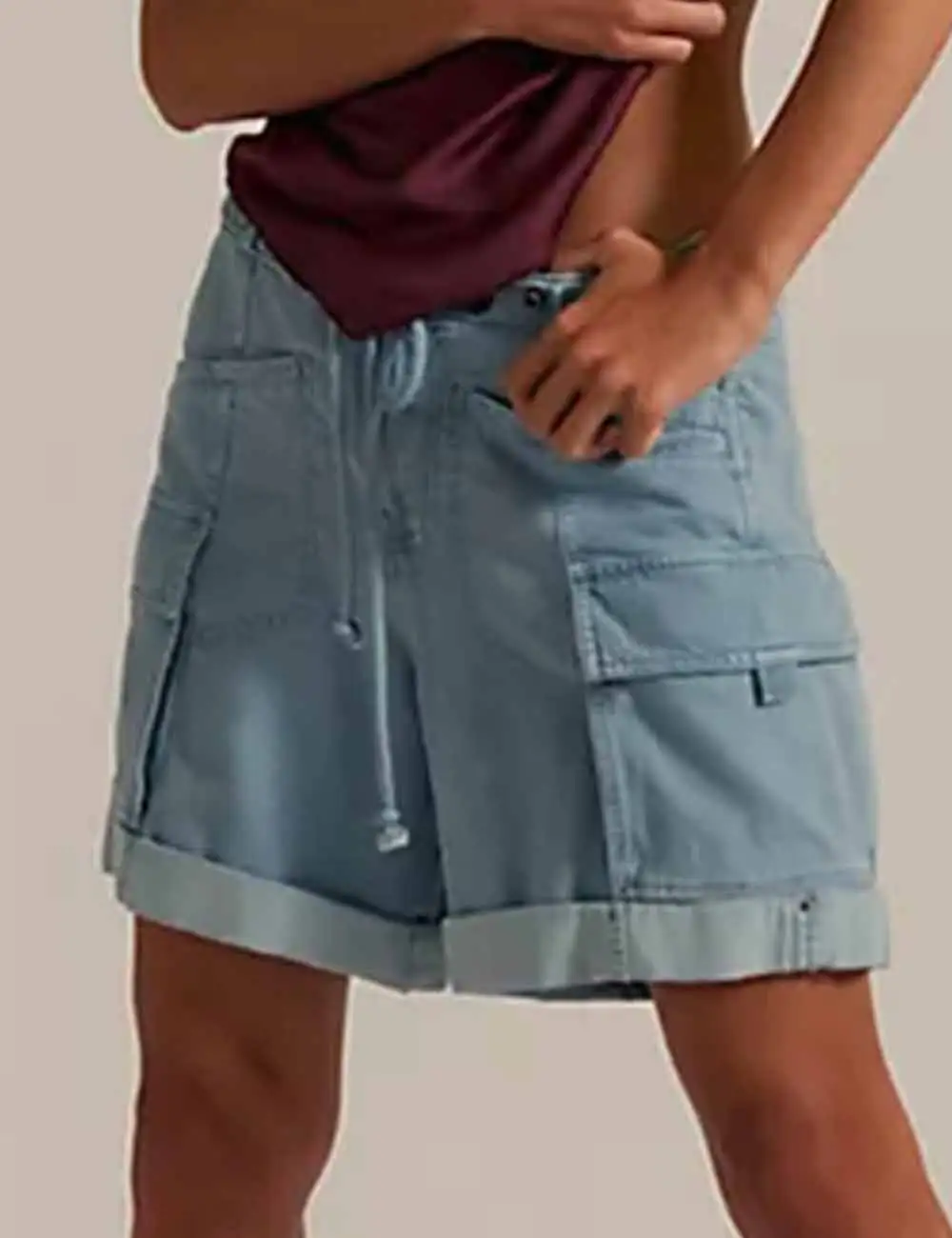 Pocket Drawstring Elastic Waist Rolled Denim Shorts