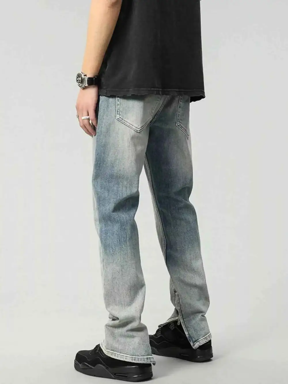 Zip Detail Washed Straight Leg Jeans