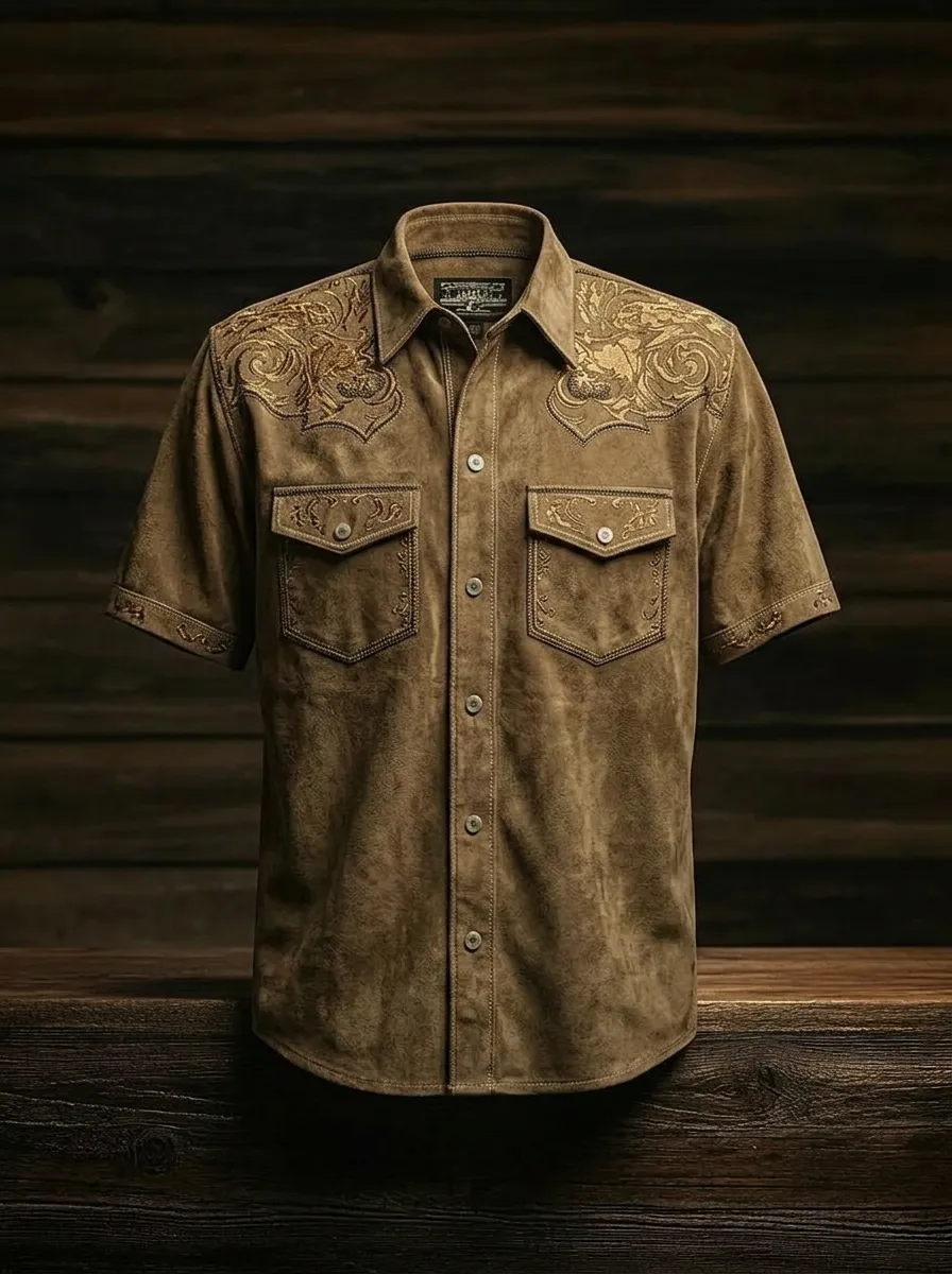 Men's Western Cowboy Floral Embroidered Printed Shirt