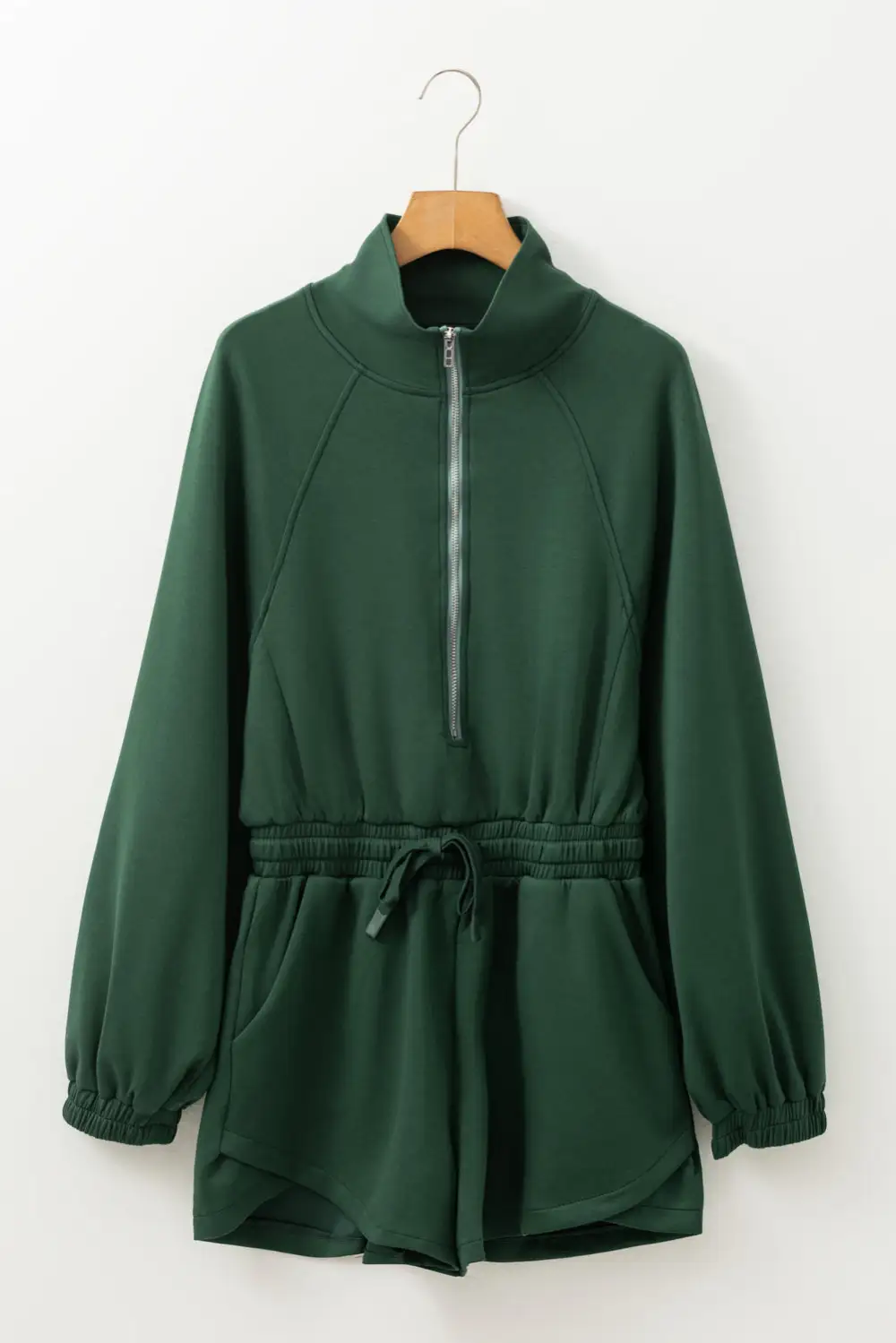 Collared Half Zip French Terry Knit Drawstring Romper