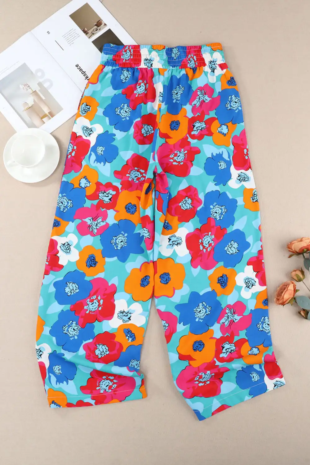 Drawstring Wide Abstract Floral Print Waistband Pants