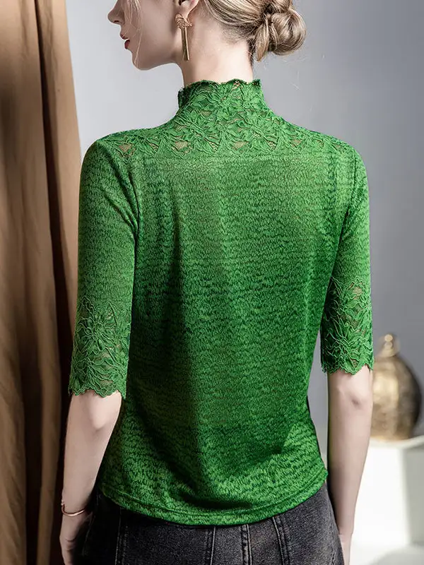 Layered Look Half Sleeve Slightly Sheer Panel Detail Textured High Neck T-Shirt
