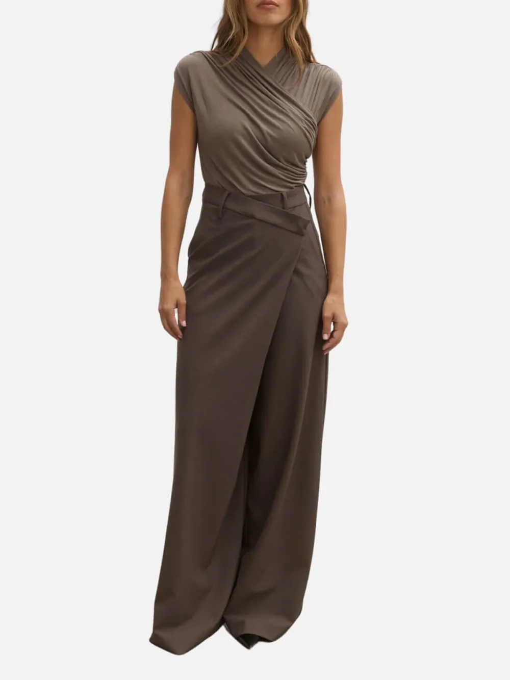 Asymmetric Wide-Leg Pants - Brown