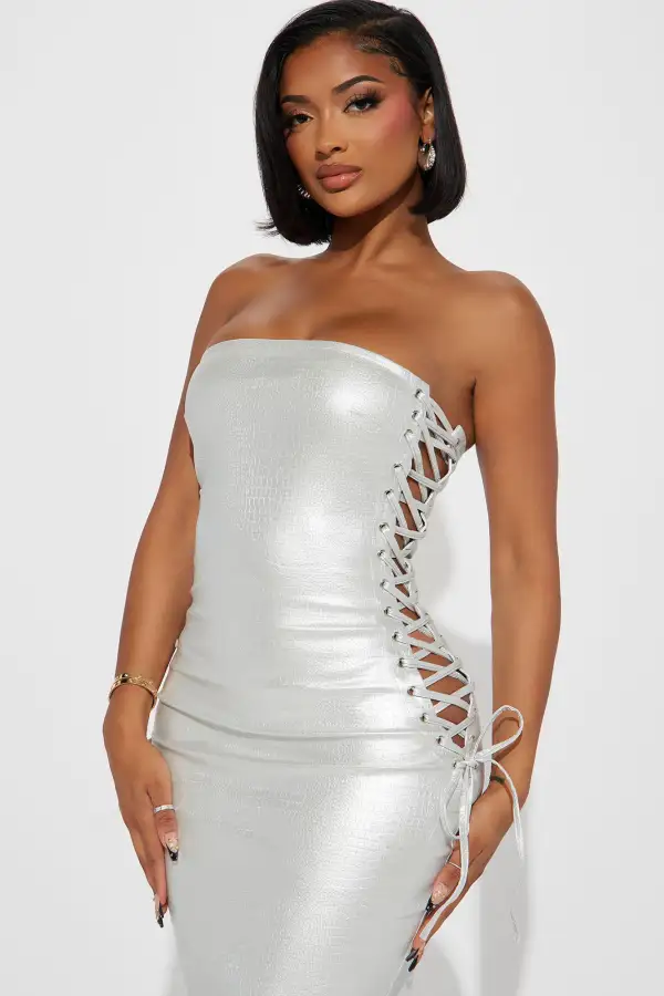 No Crocodile Tears Lace Up Midi Dress - Silver