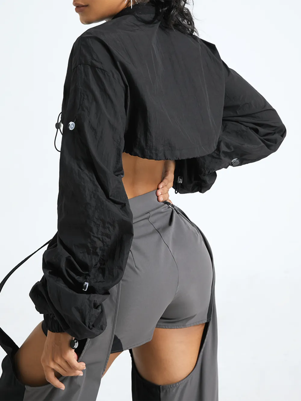 Rib Fabric Stand Collar Plain Long Sleeve Jacket