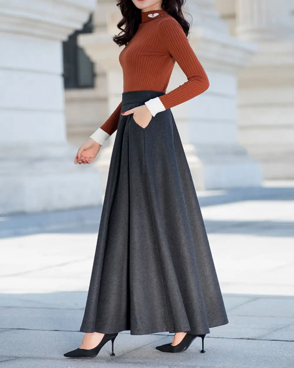 Relaxed Pocketed Wool Maxi Skirt
