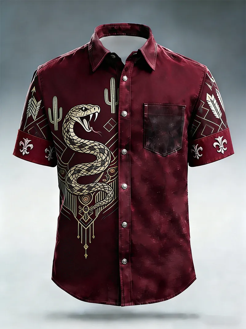 Men's Western Rattlesnake & Cactus Tribal Arrow & Fleur-de-Lis Casual Print Short Sleeve Shirt