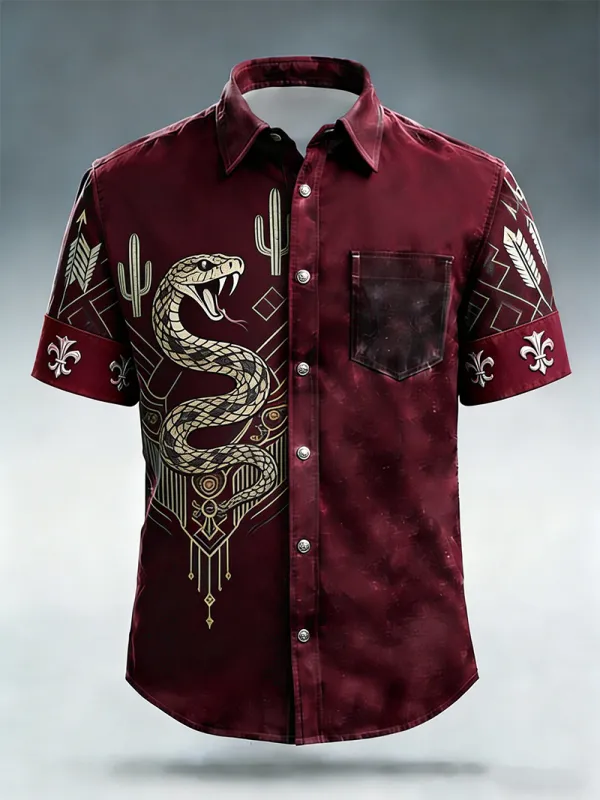 Men's Western Rattlesnake & Cactus Tribal Arrow & Fleur-de-Lis Casual Print Short Sleeve Shirt