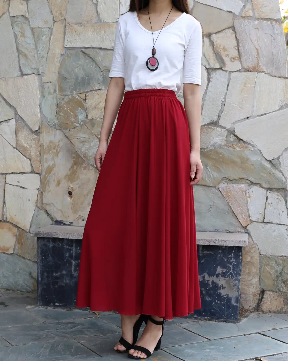 Casual Elastic Waist Chiffon A Line Maxi Skirt